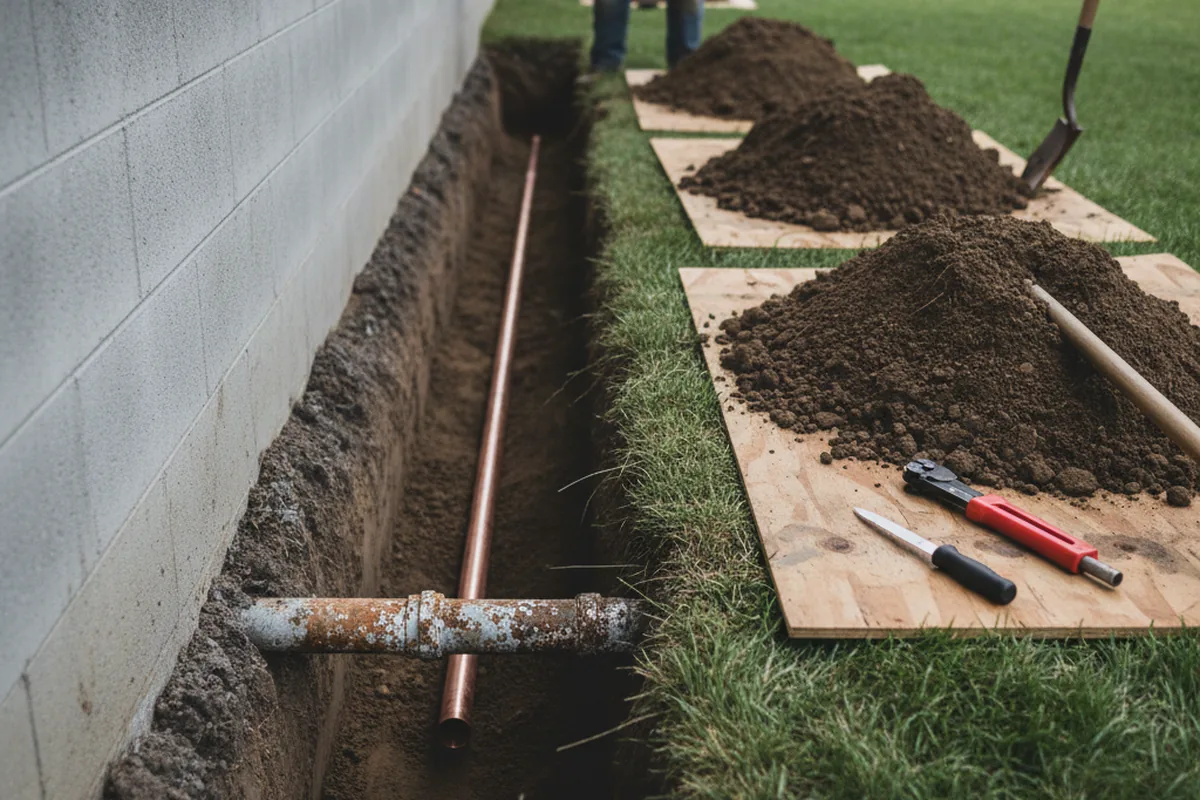 Excavated water line trench during Water Softener Installation in Caliente